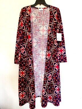 LulaRoe Sarah NWT Long Open Front Cardigan Aztec Red Blue Print Size Large